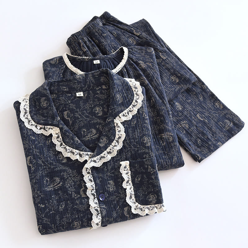 Conjunto de algodón con estampado de flores y cisnes estilo rural