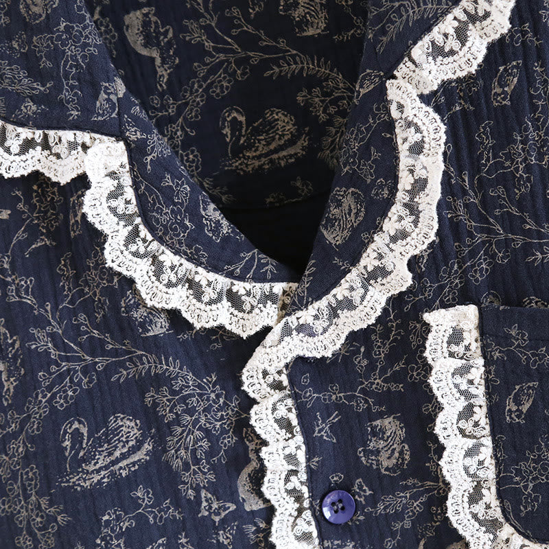Conjunto de algodón con estampado de flores y cisnes estilo rural
