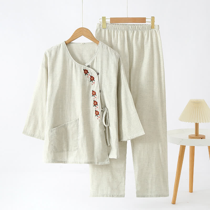 Floral Embroidery Kimono Set