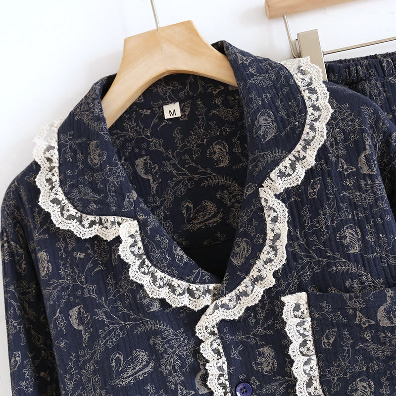 Conjunto de algodón con estampado de flores y cisnes estilo rural